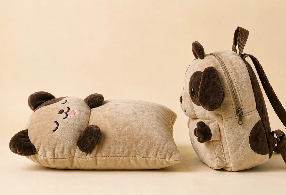 Custom shaped plush pillows and plush backpacks